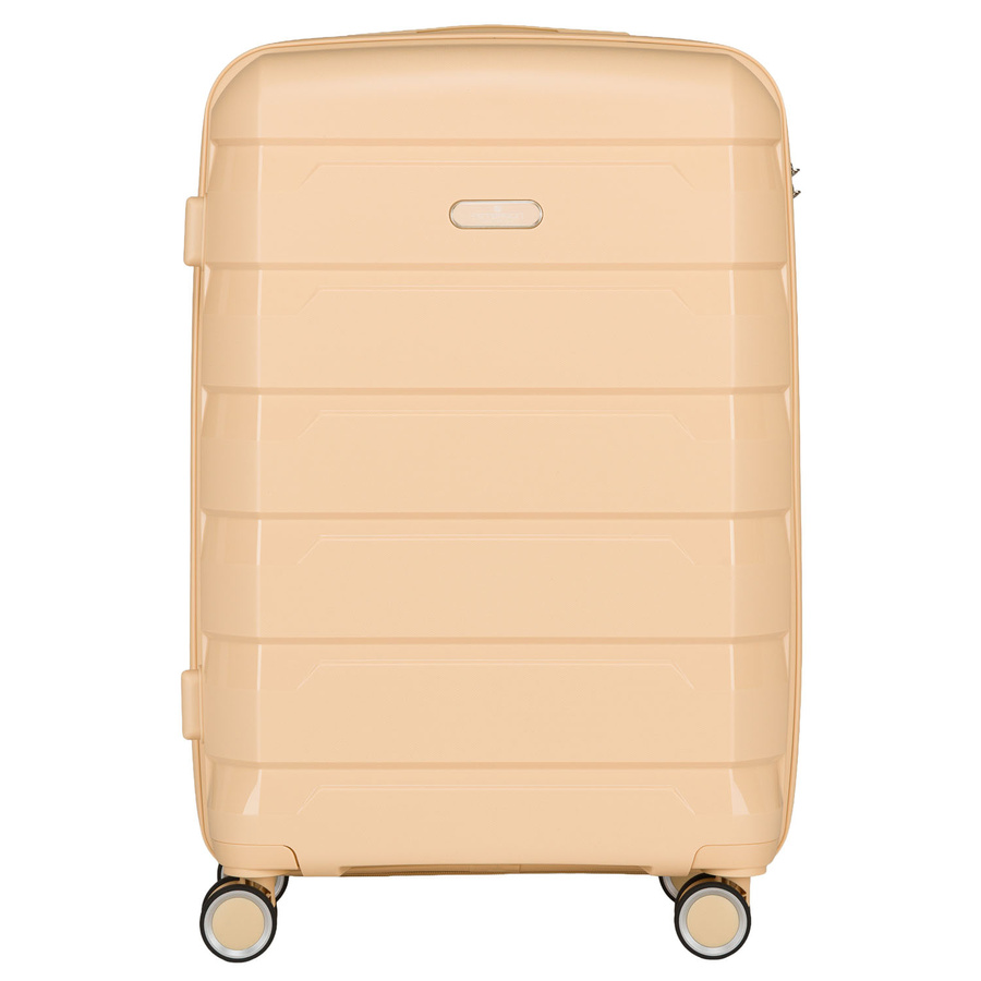 Beżowa, duża walizka z polipropylenu z wysuwaną, teleskopową rączką i zamkiem szyfrowanym - Peterson