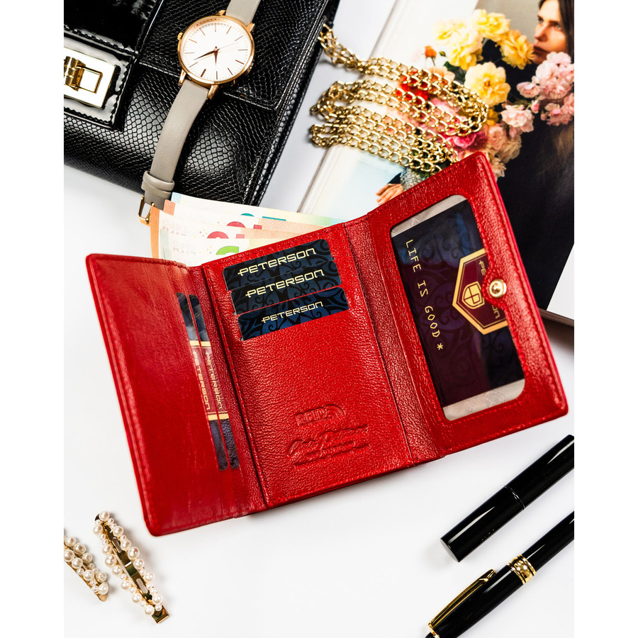 Elegancki, czerwony portfel damski ze skóry naturalnej i ekologicznej - Peterson
