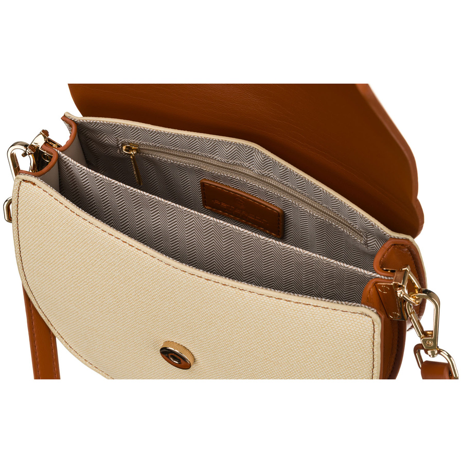 Mała torebka damska w kształcie podkówki w kolorach ecru i brązowym, zamykana klipsem magnetycznym - Peterson