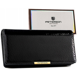 Lakierowany portfel damski ze skóry ekologicznej w czarnym kolorze zamykany na zatrzask i suwak - Peterson