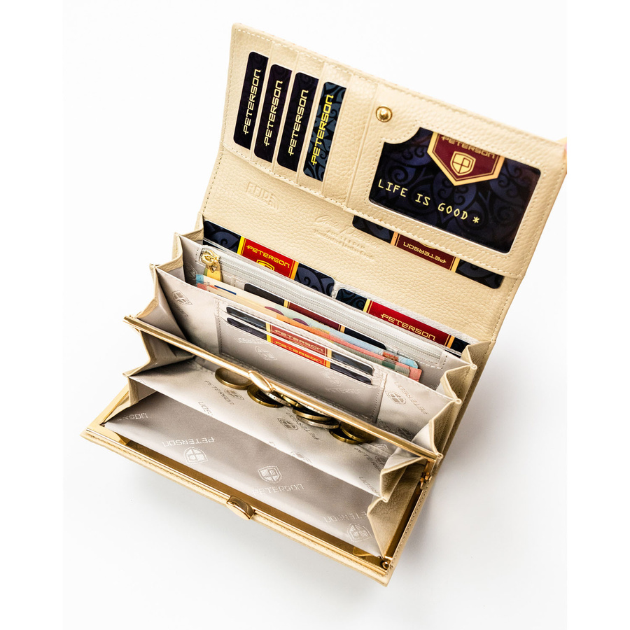 Beżowy portfel damski ze skóry naturalnej i ekologicznej zamykany zatrzaskiem, ozdobiony wzorem w plecionkę - Peterson