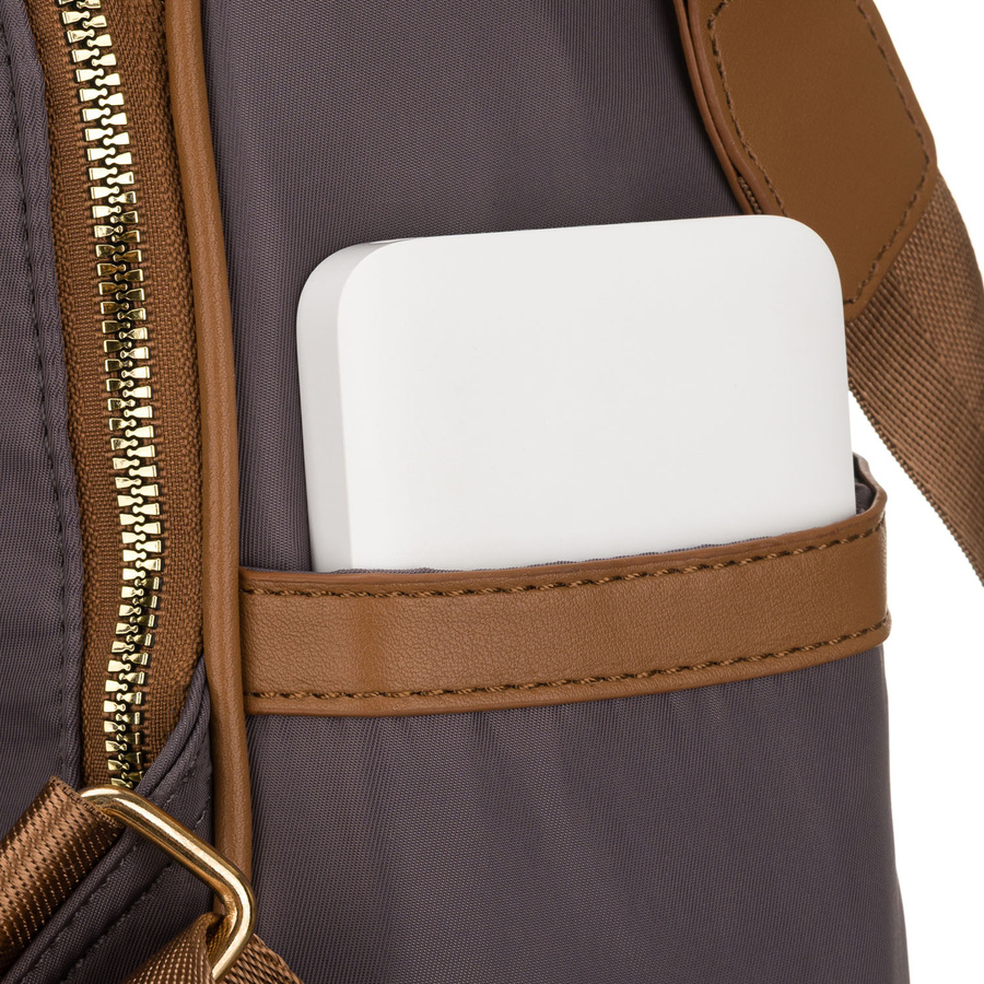 Szary plecak damski z nylonu i skóry ekologicznej z doczepianym paskiem, jednokomorowy - Peterson