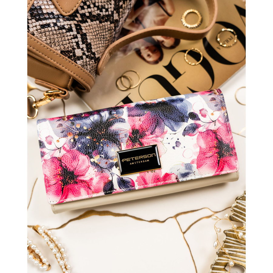 Duży portfel damski w kwiaty wykonany ze skóry naturalnej i ekologicznej z systemem RFID - Peterson