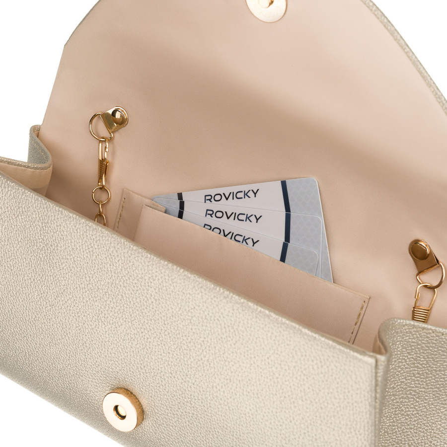 Złota kopertówka damska wykonana ze skóry ekologicznej zapinana klipsem magnetycznym - Rovicky