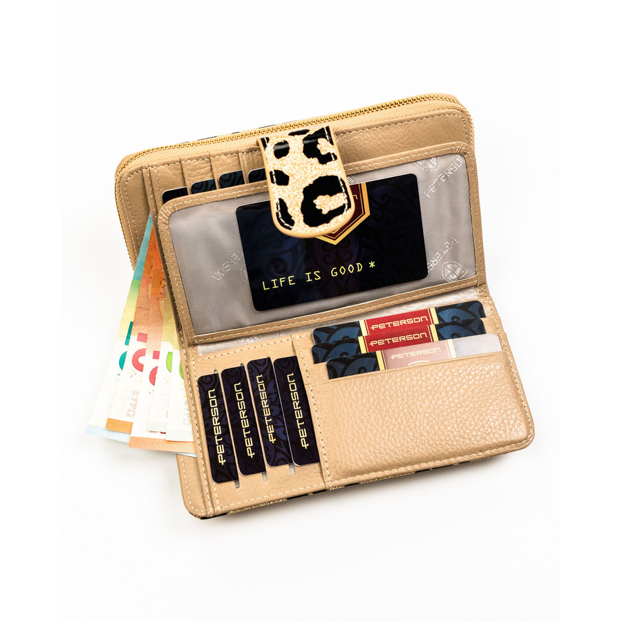 Złoty, pionowy portfel damski ze skóry ekologicznej i naturalnej w cętki, wyposażony w system RFID - Peterson