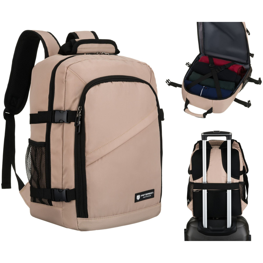 Beżowy plecak podróżny z poliestru zawieszony na regulowanych szelkach - Peterson