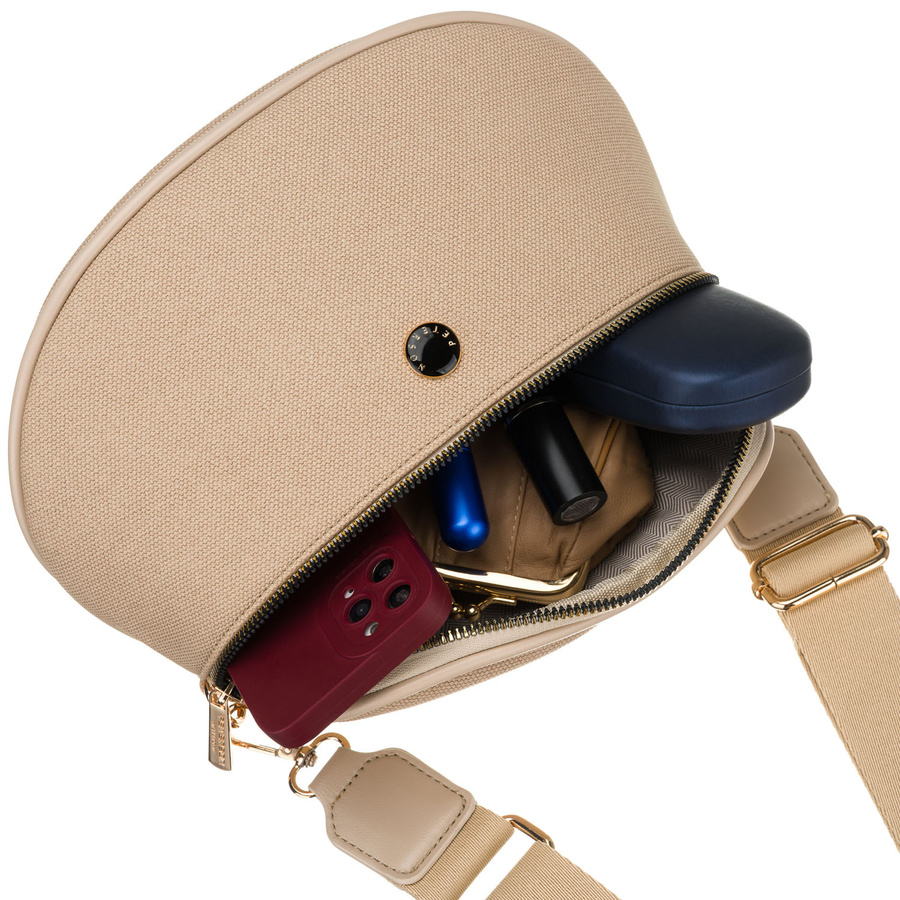 Beżowa saszetka damska zamykana suwakiem i zawieszona na regulowanym pasku - Peterson