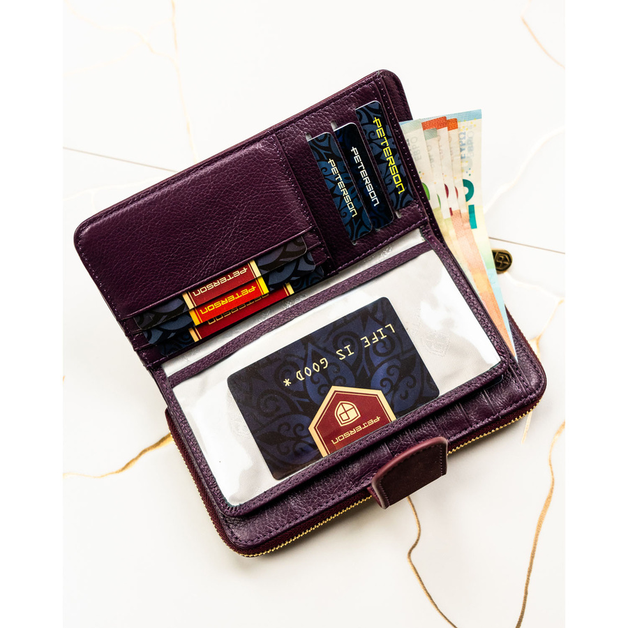 Fioletowy portfel damski ze skóry naturalnej i ekologicznej zamykany na zatrzask i suwak - Peterson