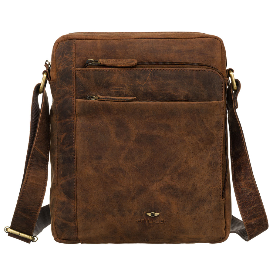Skórzana listonoszka męska w brązowym kolorze zawieszona na regulowanym pasku - Peterson