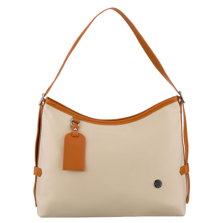 Beżowa torebka damska z poliestru i skóry ekologicznej wyposażona w kieszonkę zewnętrzną - Peterson