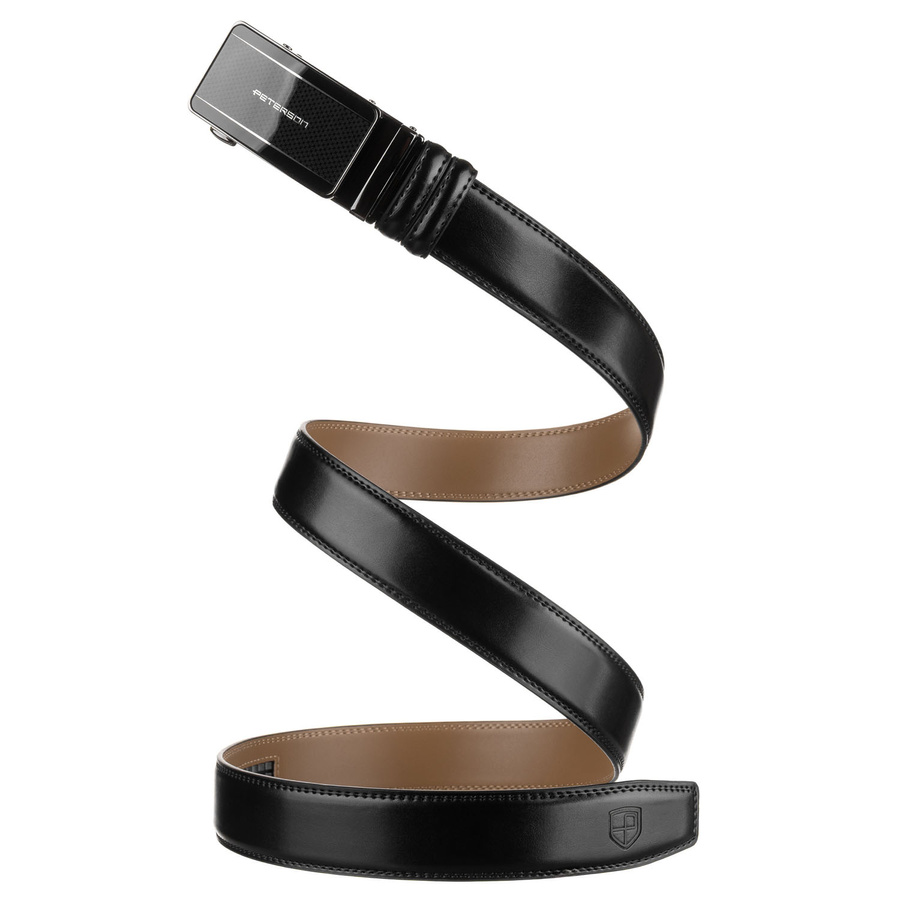 Czarny pasek męski z automatyczną klamrą wykonany ze skóry naturalnej - Peterson