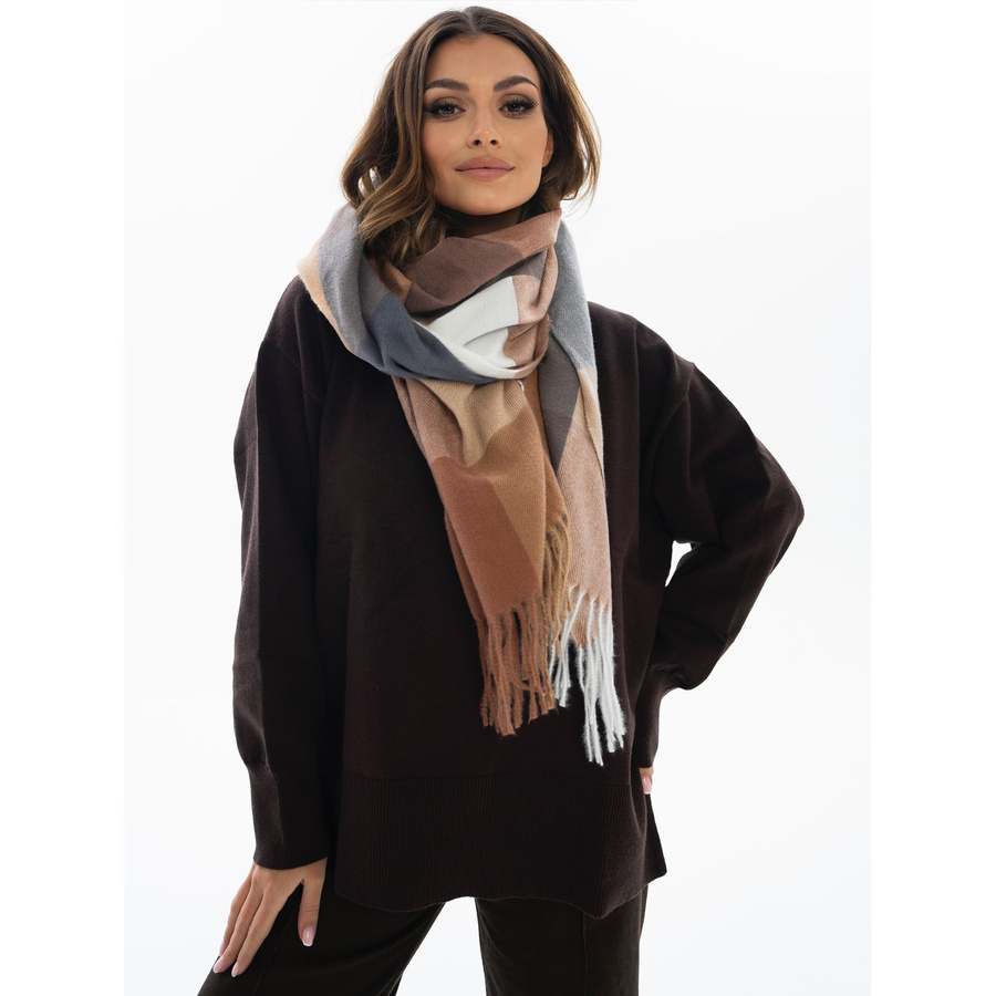 Dwustronny, brązowy szal damski z poliestru ozdobiony frędzlami - Rovicky