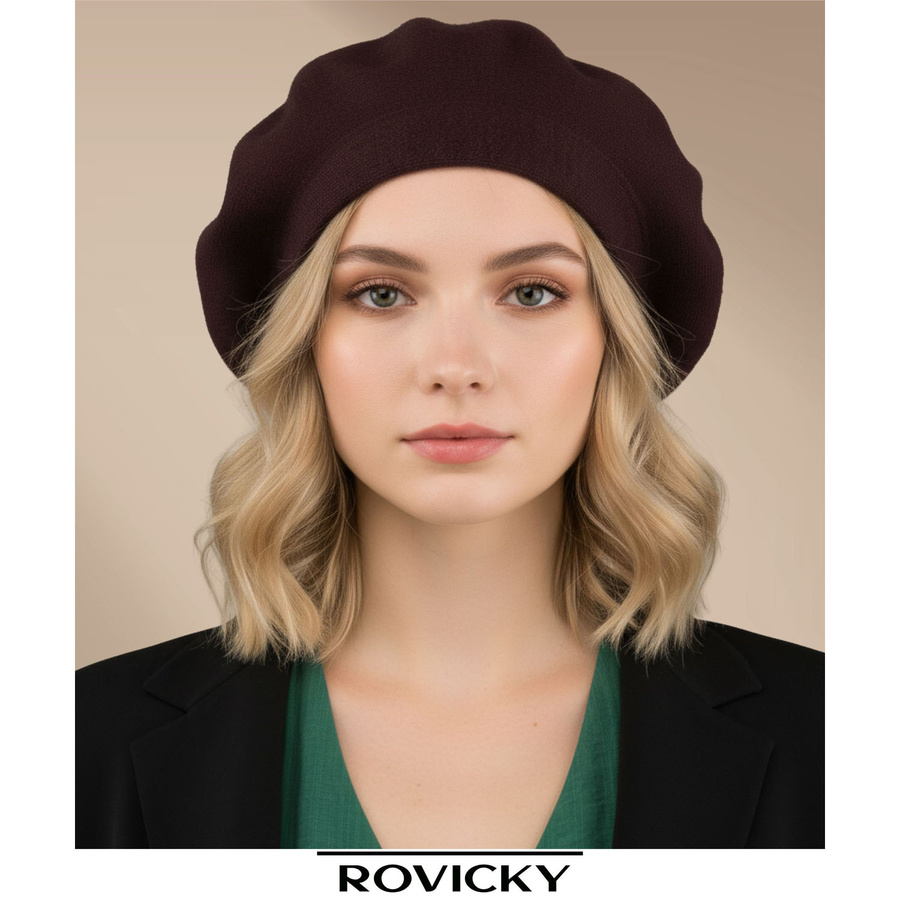 Brązowy, uniwersalny beret damski wykonany z akrylu - Rovicky