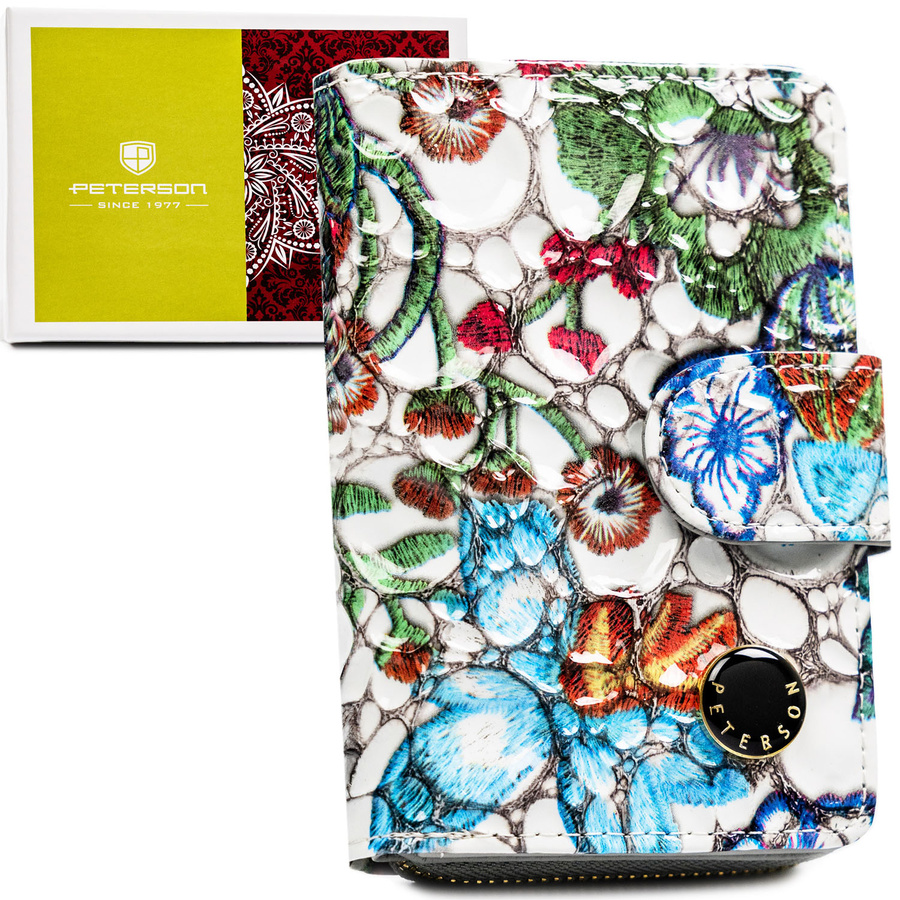 Wielokolorowy, pionowy portfel damski ze skóry naturalnej zamykany zatrzaskiem i suwakiem - Peterson