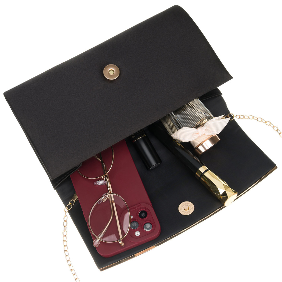 Czarna, wizytowa torebka damska wykonana z tkaniny syntetycznej z wewnętrzną kieszonką - Rovicky