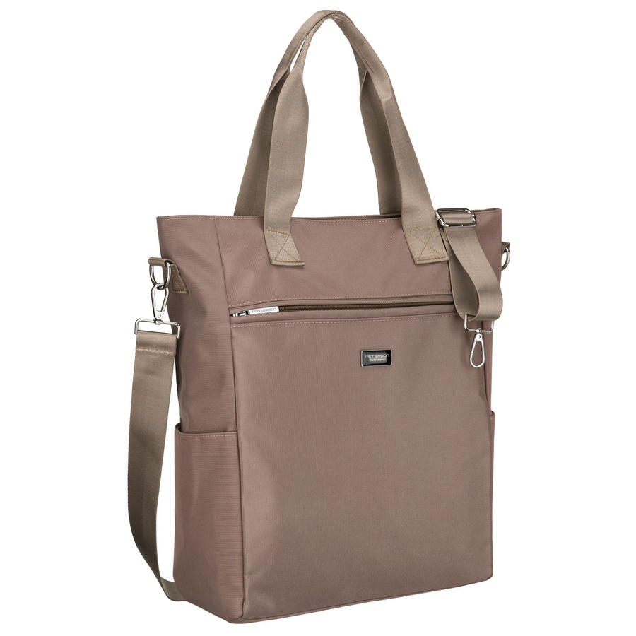 Beżowa shopperka damska na uchwytach i doczepianym pasku, zamykana suwakiem - Peterson
