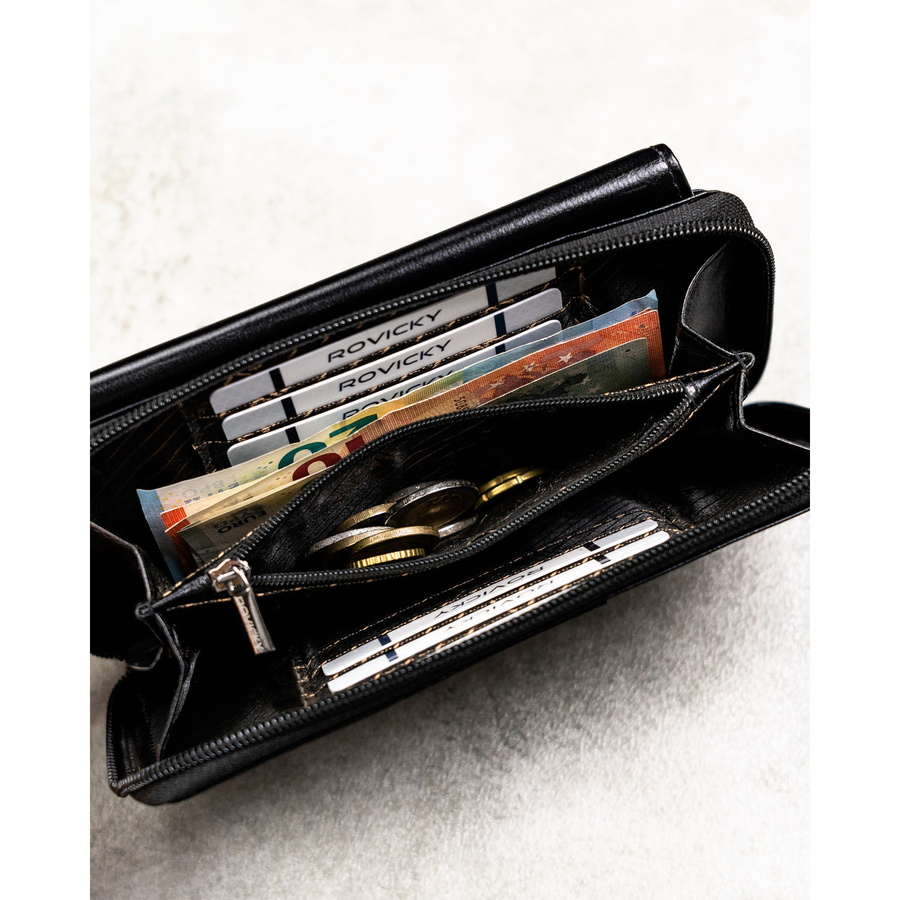 Skórzana, dwukomorowa, czarna saszetka męska z systemem RFID - Rovicky