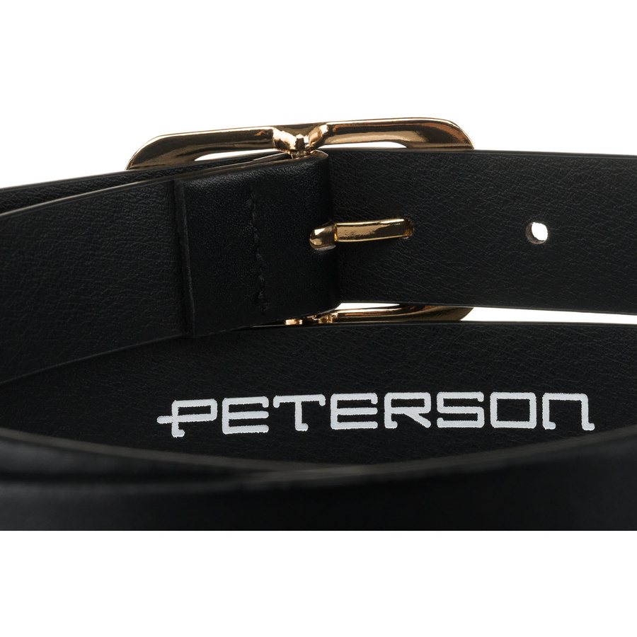 Czarny, wąski pasek damski ze skóry ekologicznej ze złotą klamrą - Peterson