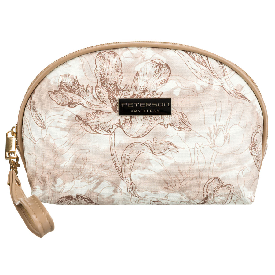 Kompaktowa, beżowa kosmetyczka damska z botanicznym printem - Peterson