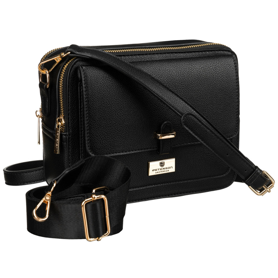 Czarna, miejska torba damska ze skóry ekologicznej z dwoma paskami w zestawie - Peterson