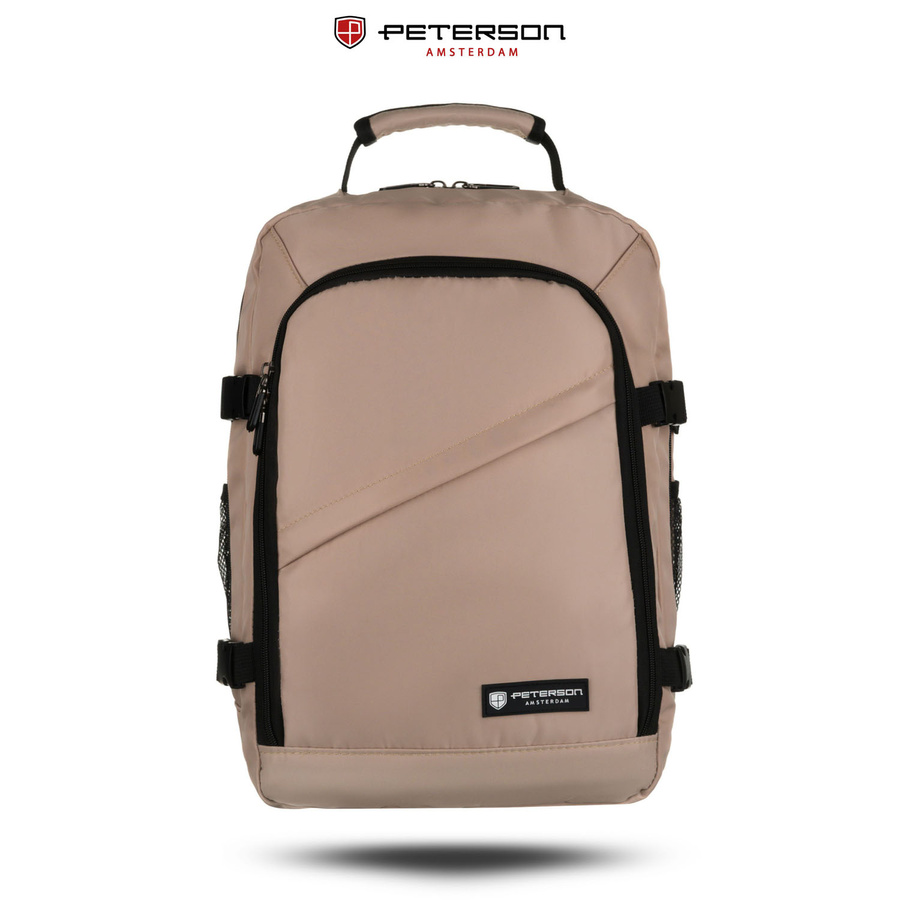 Beżowy plecak podróżny z poliestru zawieszony na regulowanych szelkach - Peterson