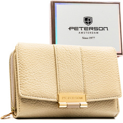 Beżowy portfel damski wykonany ze skóry ekologicznej o groszkowej fakturze, zamykany zatrzaskiem - Peterson