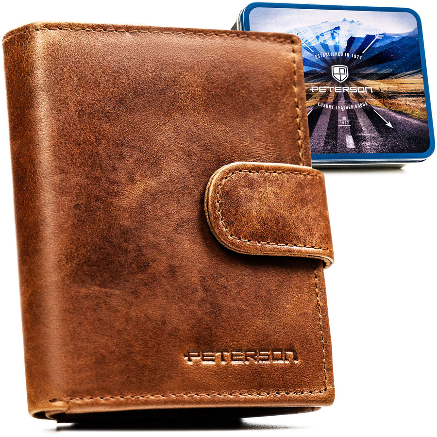 Jasnobrązowy portfel męski ze skóry naturalnej wyposażony w system RFID, zamykany zatrzaskiem - Peterson