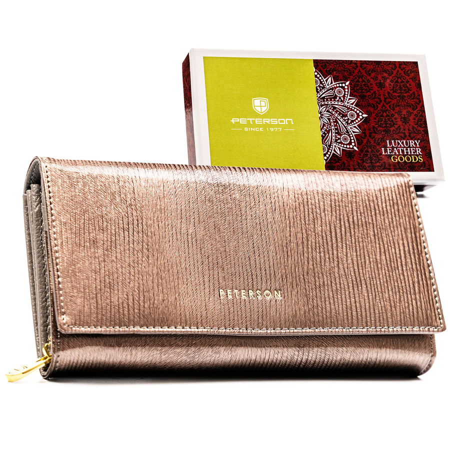 Portfel damski ze skóry naturalnej w brązowym kolorze, wyposażony w system RFID - Peterson