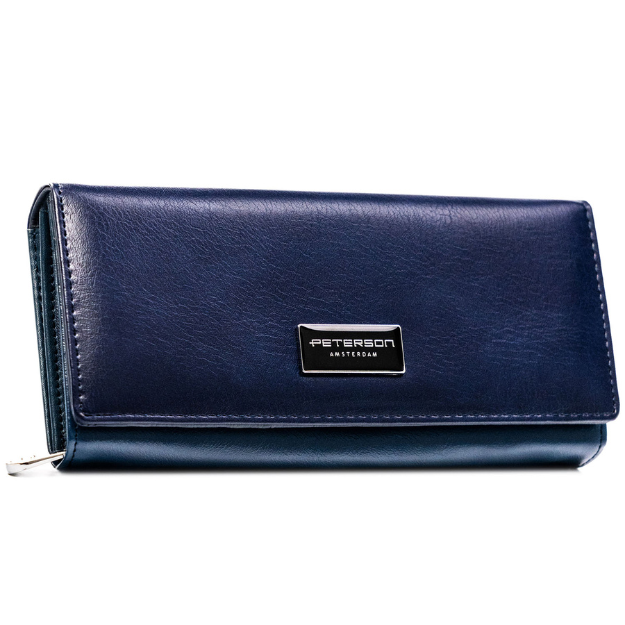 Granatowy portfel damski ze skóry naturalnej i ekologicznej zamykany na zatrzask - Peterson