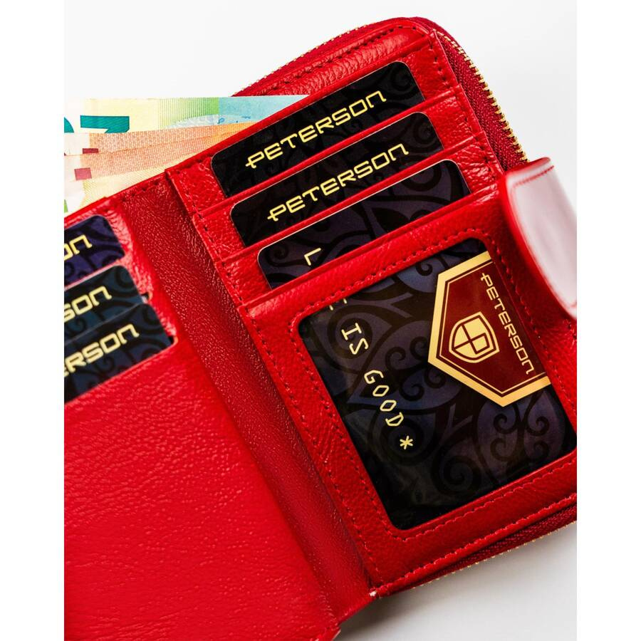 Skórzany, czerwony portfel damski zamykany na zatrzask i suwak - Peterson
