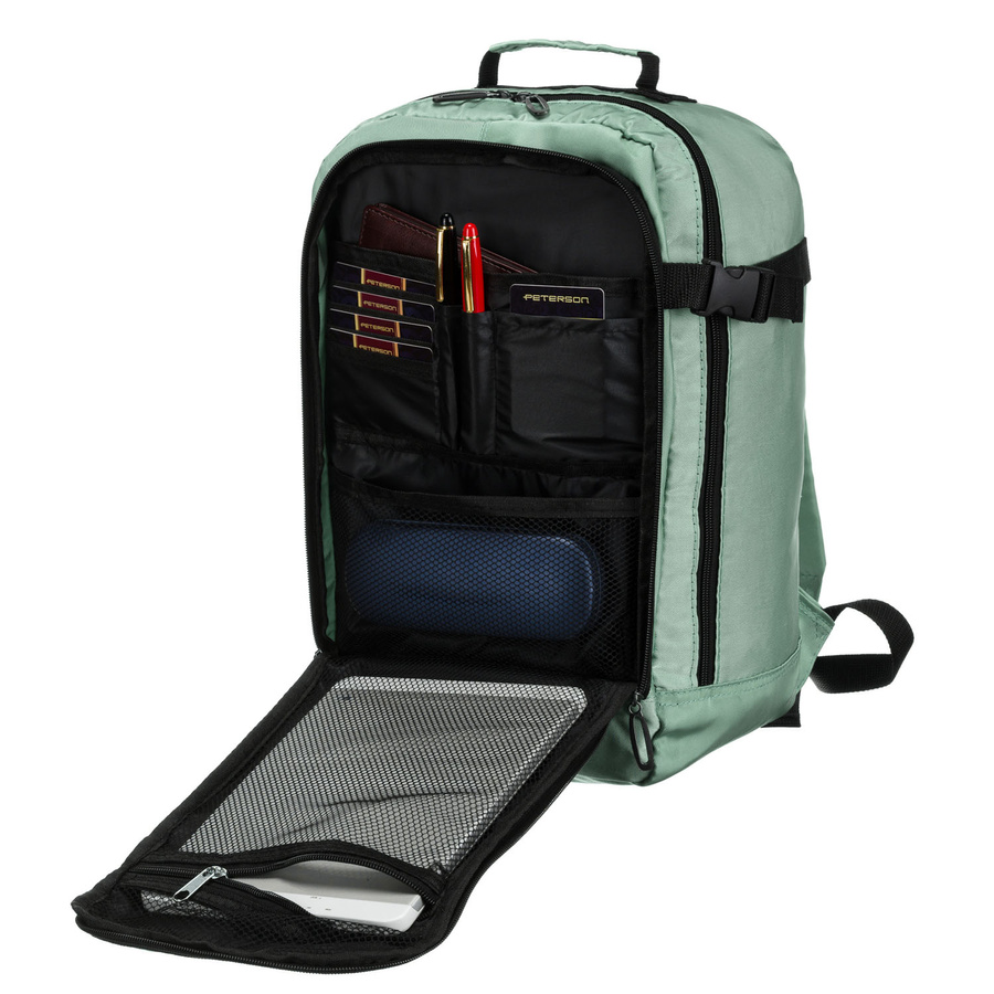 Markowy plecak podróżny w odcieniu miętowym zamykany bezpiecznym suwakiem - Peterson