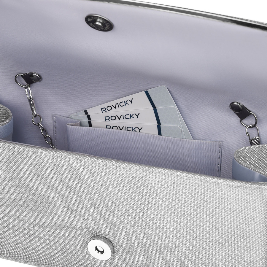 Srebrna, elegancka torebka damska wykonana z tkaniny syntetycznej zamykana klipsem magnetycznym - Rovicky