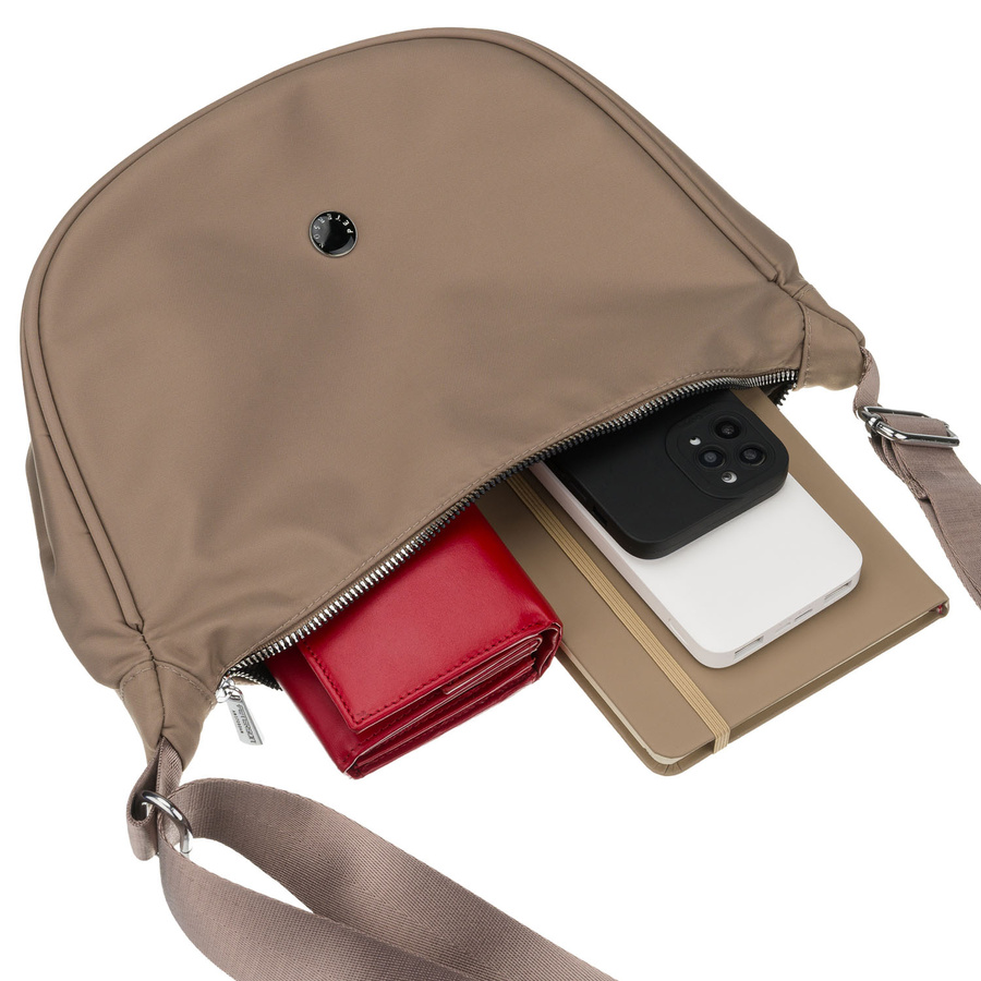 Ciemnobeżowa listonoszka damska z poliestru, jednokomorowa z zewnętrzną kieszonką - Peterson