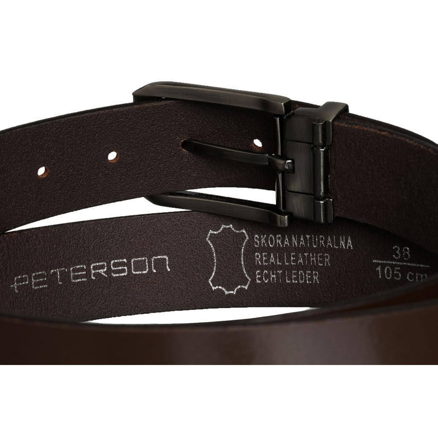 Skórzany, elegancki pasek męski w brązowym kolorze ze srebrną, klasyczną klamrą - Peterson