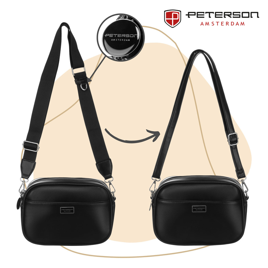 Czarna, klasyczna listonoszka damska crossbody z eko skóry dwa paski w komplecie Peterson