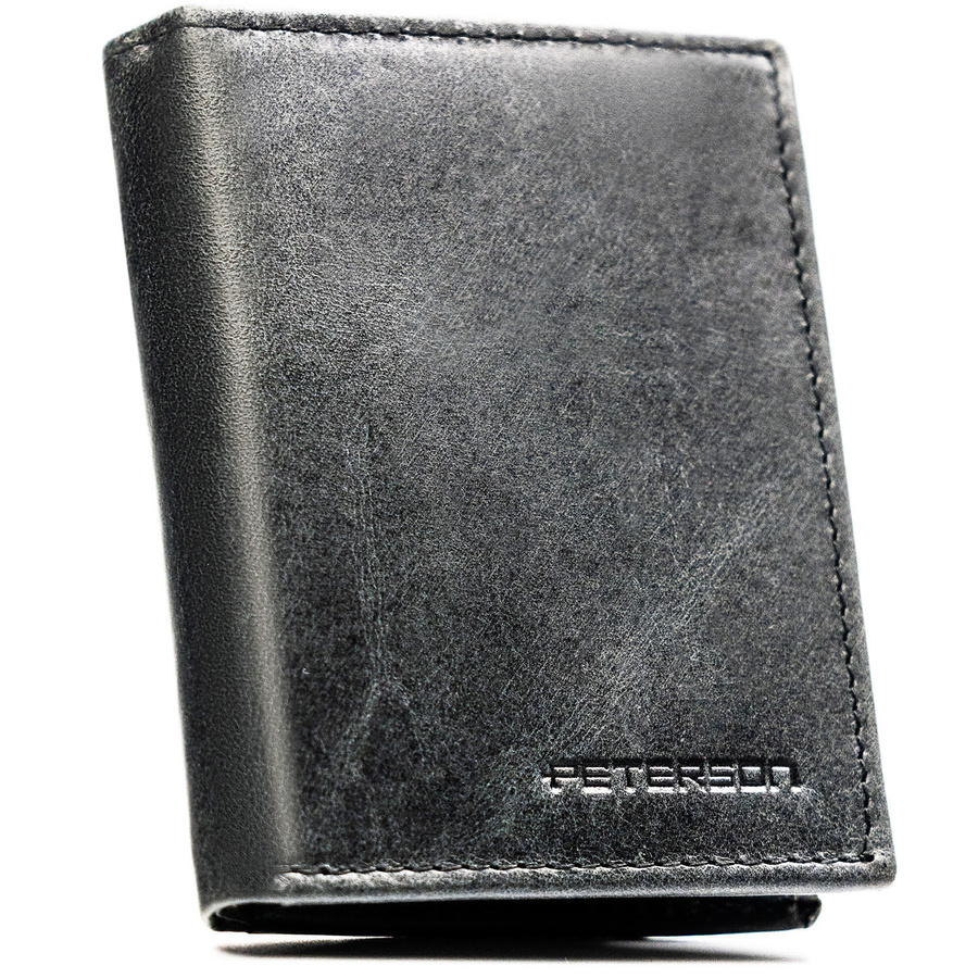 Pionowy, czarny portfel męski ze skóry naturalnej wyposażony w system RFID - Peterson