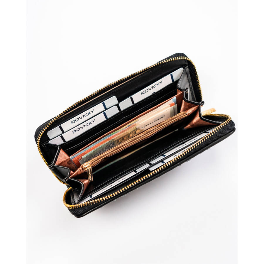 Duży portfel damski ze skóry ekologicznej w czarnym kolorze na zamek - Rovicky