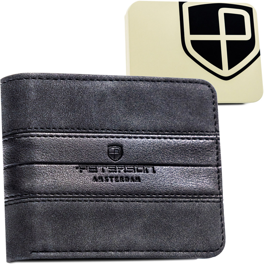 Mały portfel męski w czarnym kolorze wykonany ze skóry ekologicznej - Peterson