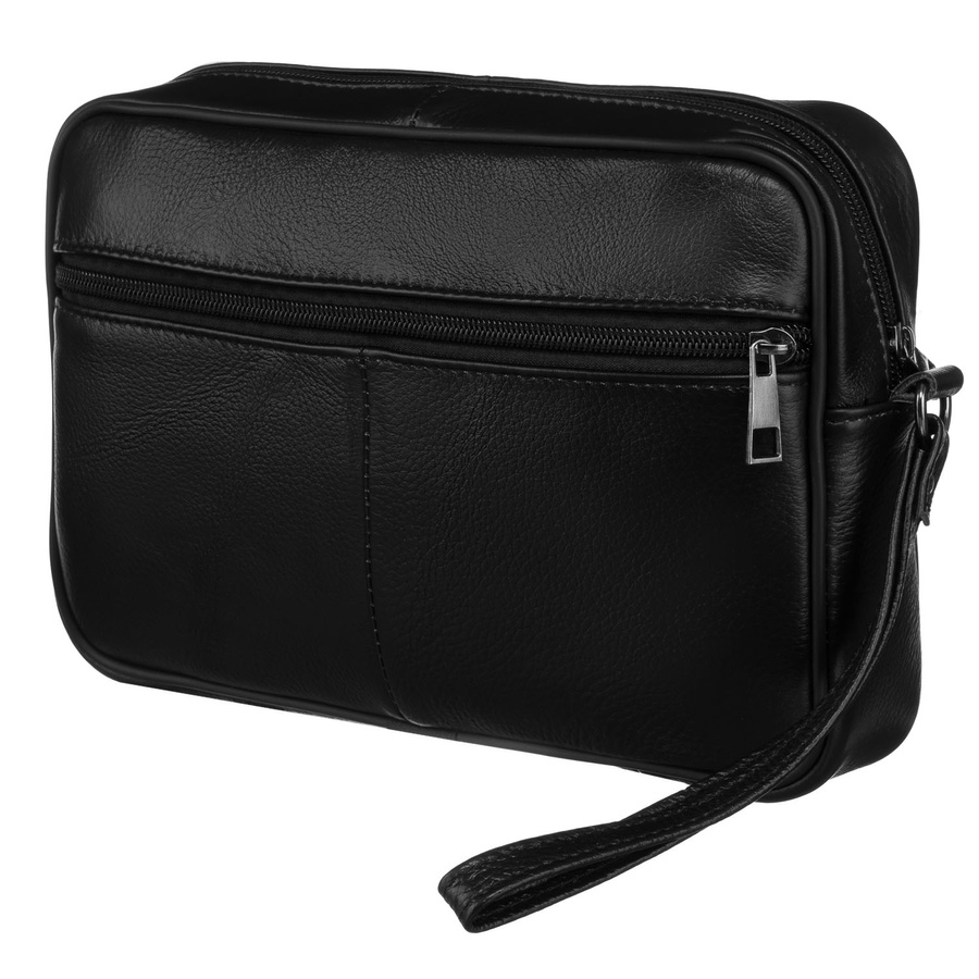 Skórzana saszetka męska w czarnym kolorze z kieszeniami zewnętrznymi i uchwytem do ręki - Rovicky