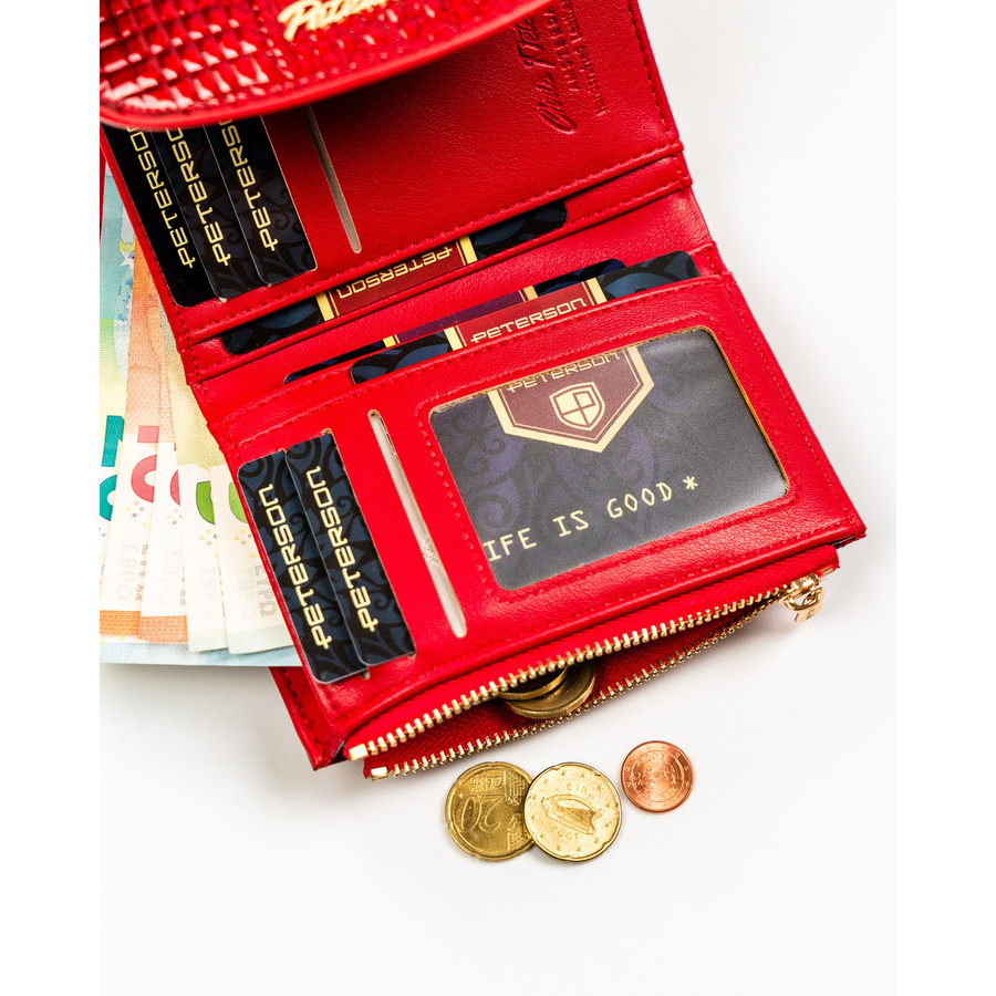 Poziomy, czerwony portfel damski ze skóry ekologicznej z tłoczeniem na wzór skóry krokodyla - Peterson