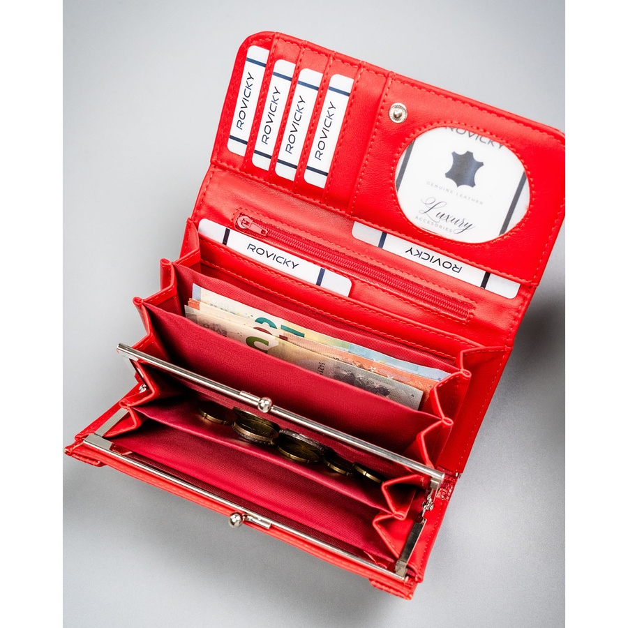 Czerwony, poziomy portfel damski ze skóry ekologicznej zamykany zatrzaskiem - 4U Cavaldi