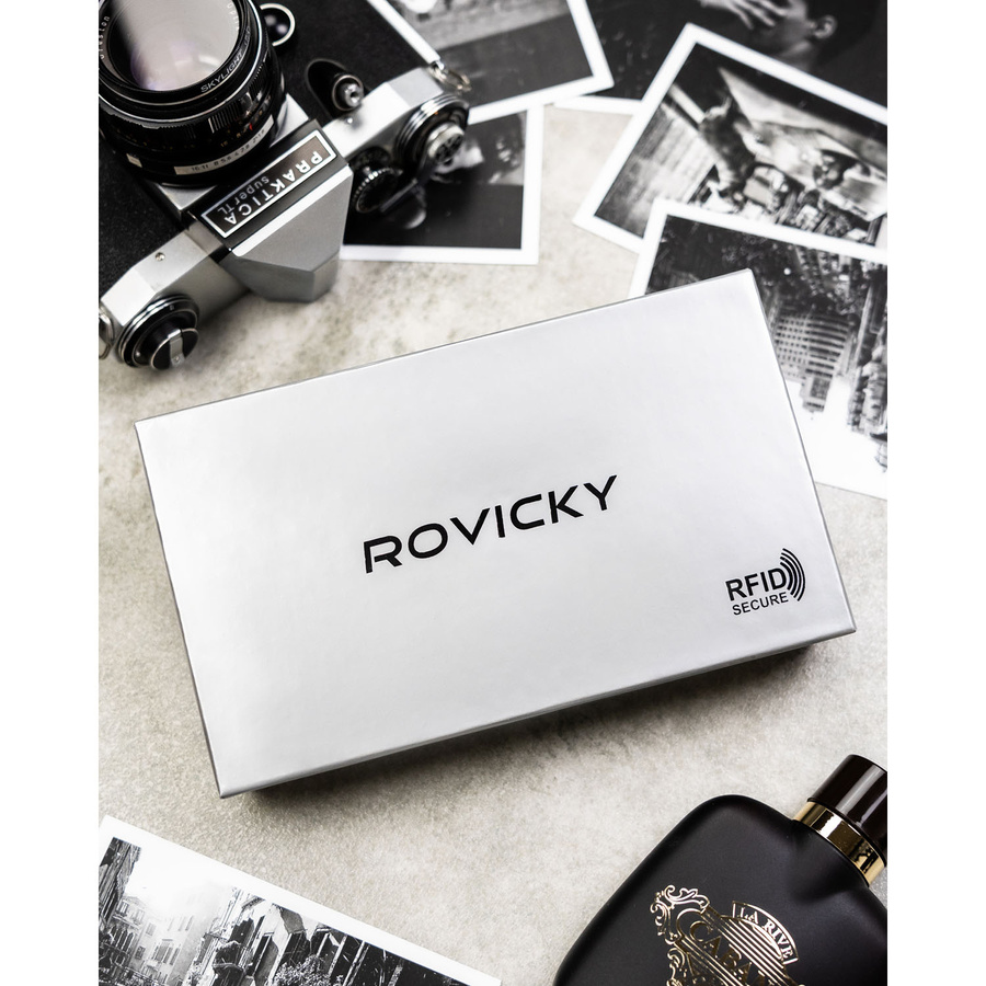 Skórzana, dwukomorowa, czarna saszetka męska z systemem RFID - Rovicky