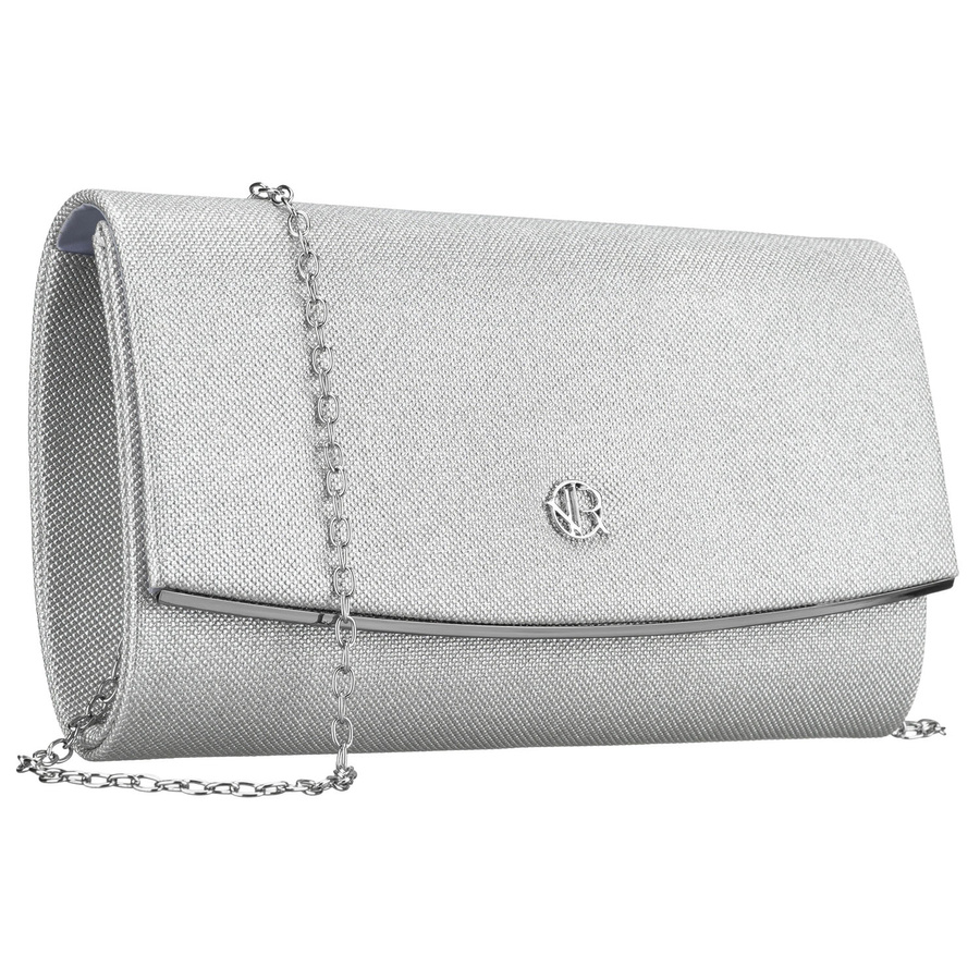 Srebrna, elegancka torebka damska wykonana z tkaniny syntetycznej zamykana klipsem magnetycznym - Rovicky