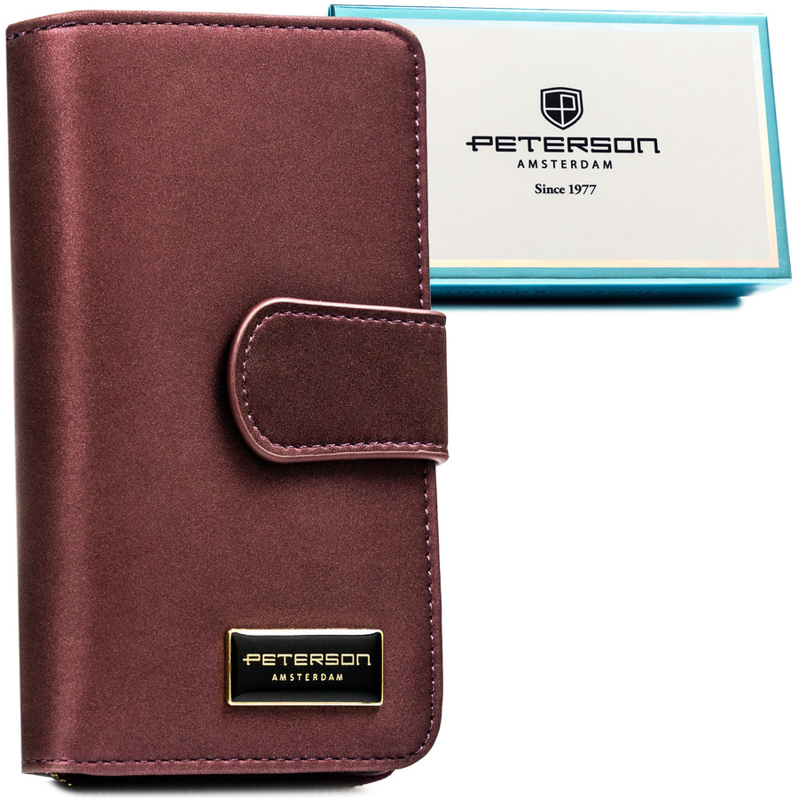 Fioletowy portfel damski ze skóry naturalnej i ekologicznej zamykany na zatrzask i suwak - Peterson