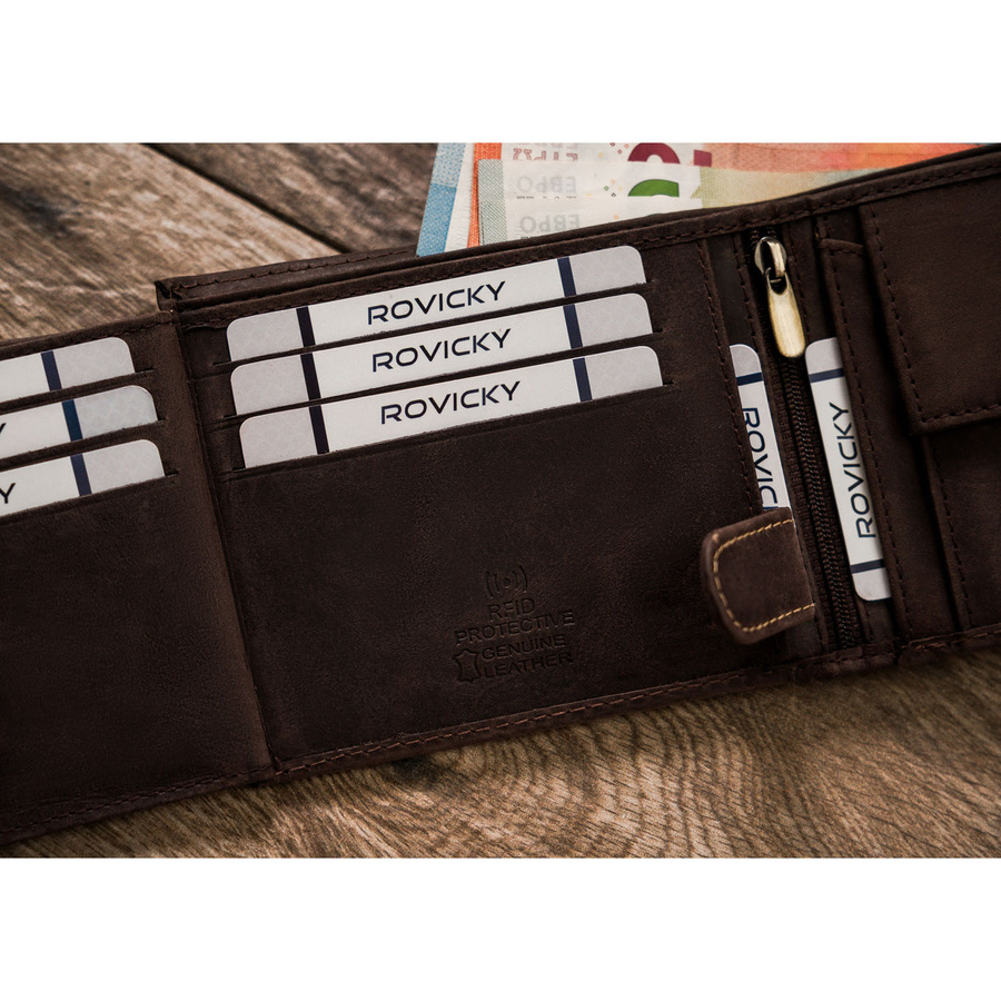 Skórzany portfel męski w ciemnobrązowym kolorze z tłoczeniem na froncie przedstawiającym psa