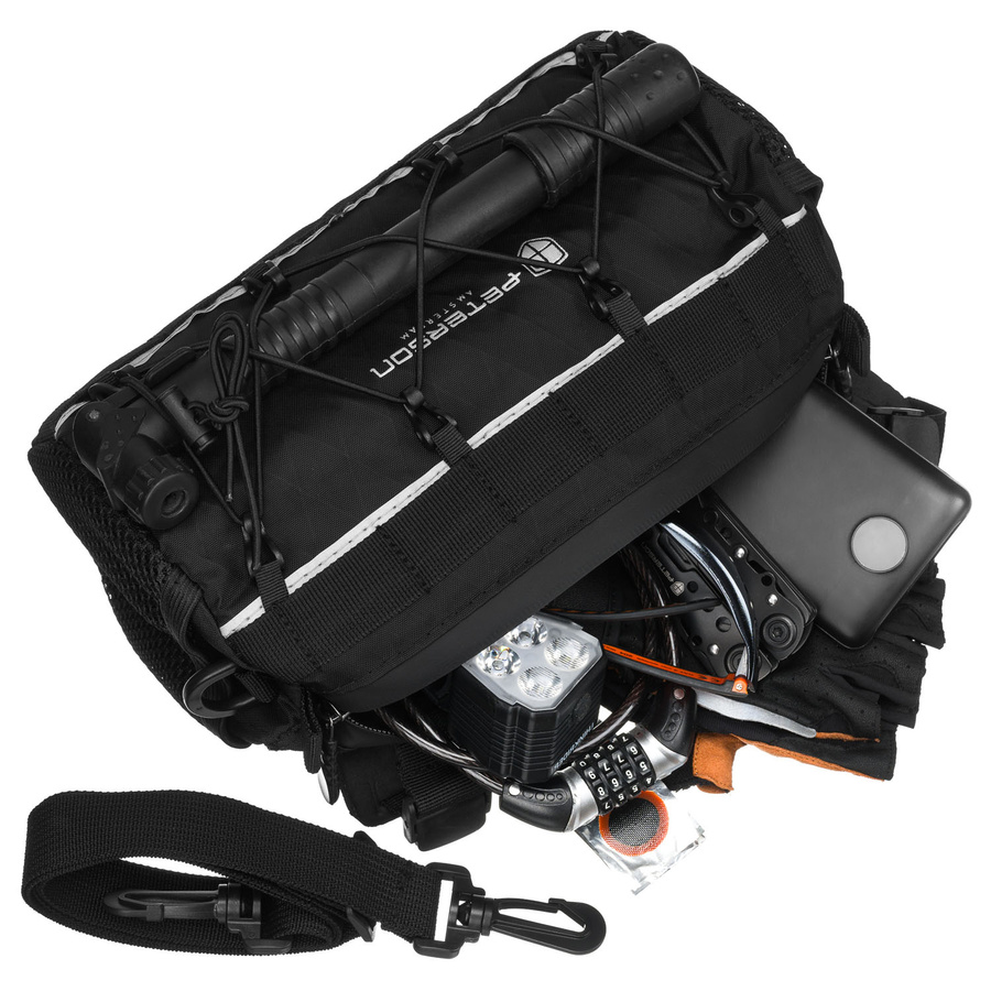 Czarna sakwa rowerowa na kierownicę wykonana z materiałów wodoodpornych - Peterson