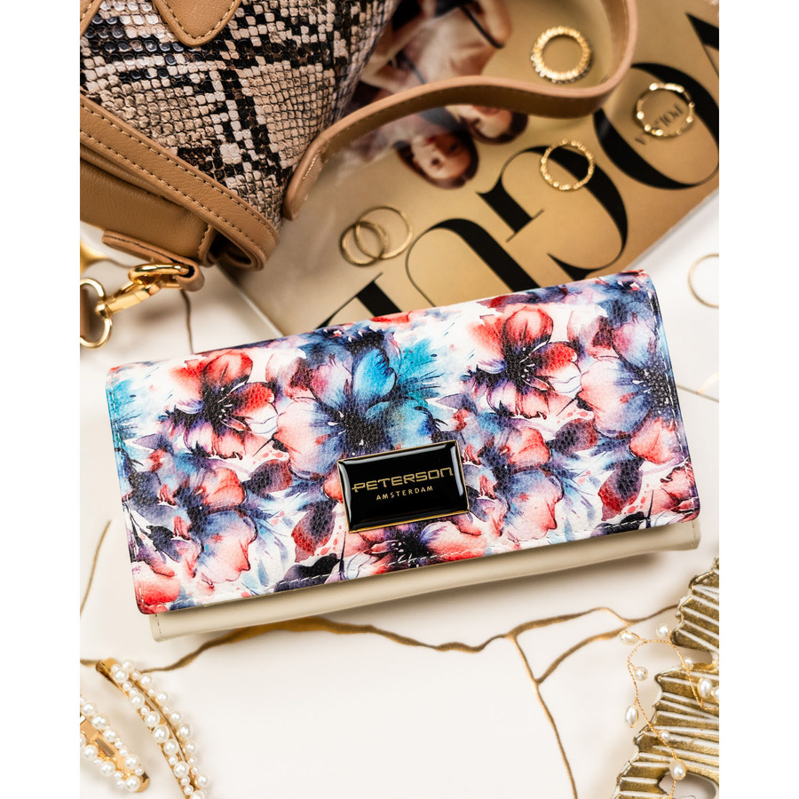 Elegancki portfel damski w kwiaty wykonany ze skóry naturalnej i ekologicznej - Peterson
