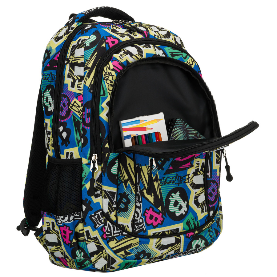 Plecak młodzieżowy do szkoły odszyty z poliestru ze wzorem imitującym graffiti, zawieszony na regulowanych szelkach - Peterson