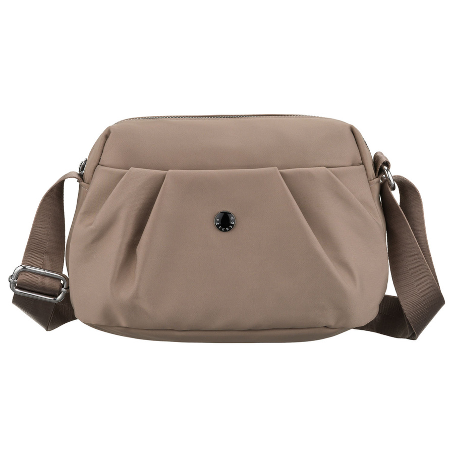 Beżowa, poręczna listonoszka damska z poliestru zawieszona na szerokim pasku - Peterson