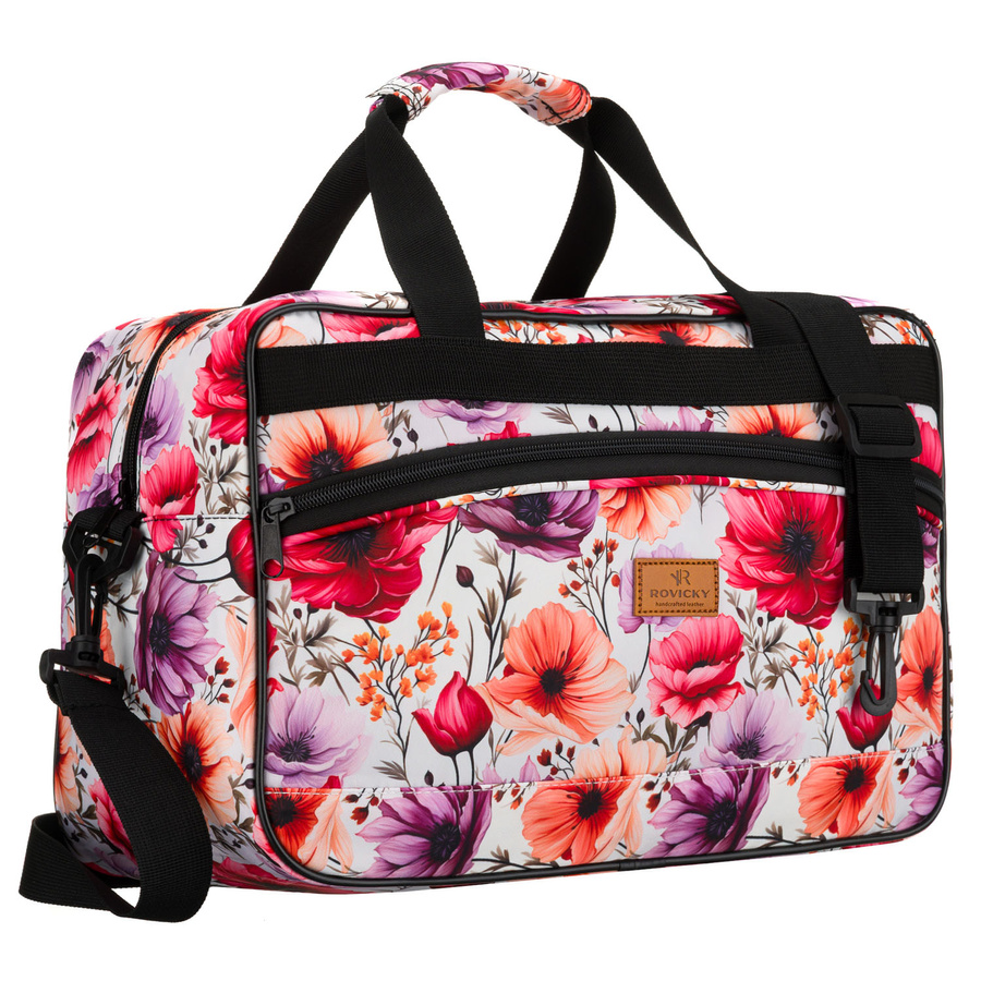 Wielokolorowa torba podróżna z wytrzymałego poliestru z portem USB, pokryta roślinnym wzorem - Rovicky